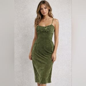 Cider Olive Green Velvet Midi Slip Dress with Spaghetti Straps
